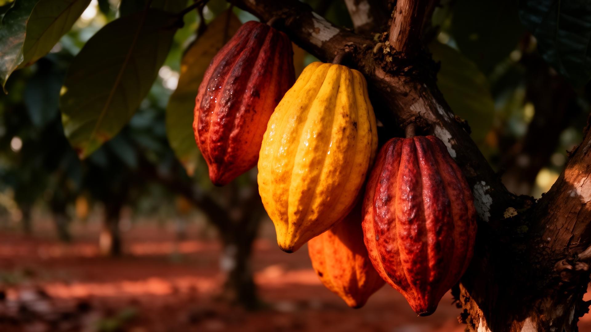 Cabosses de cacao mûres sur l'arbre dans une plantation ouest-africaine